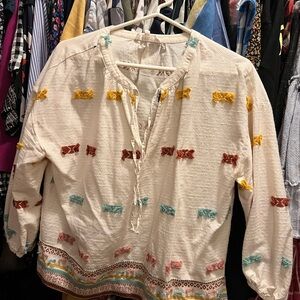 LOFT Cream Blouse with Colorful Embroidery